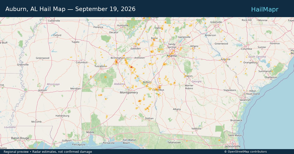 Auburn, AL Hail Map — September 19, 2026 — regional heatmap and storm polygons