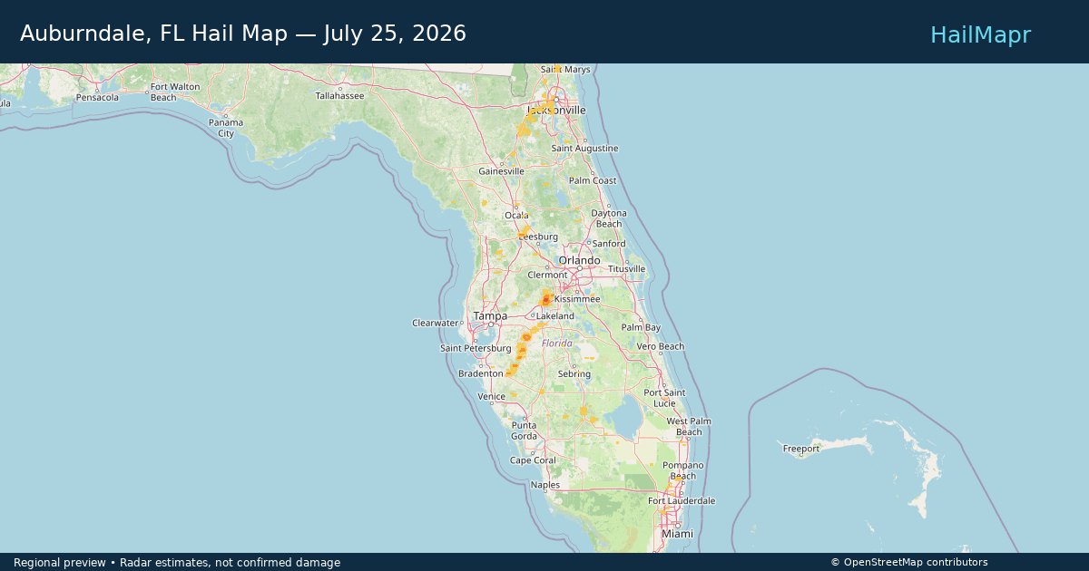 Auburndale, FL Hail Map — July 25, 2026 — regional heatmap and storm polygons