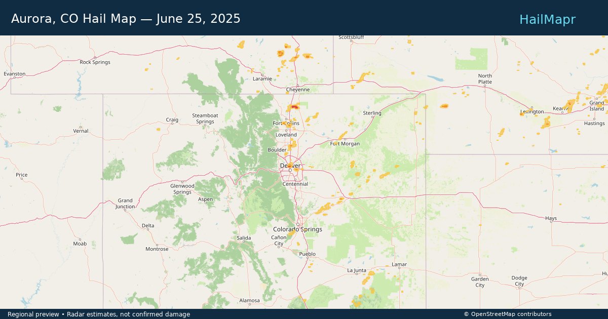 Aurora, CO Hail Map — June 25, 2025 — regional heatmap and storm polygons