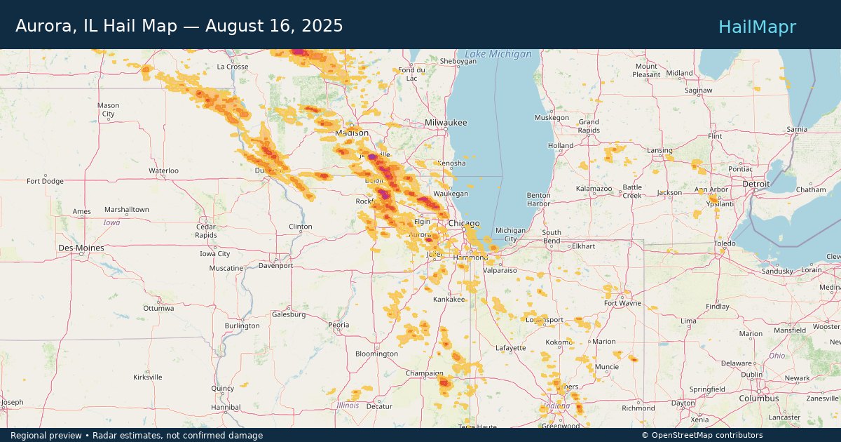 Aurora, IL Hail Map — August 16, 2025 — regional heatmap and storm polygons