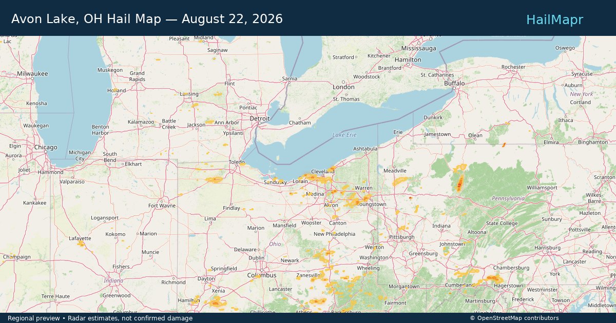 Avon Lake, OH Hail Map — August 22, 2026 — regional heatmap and storm polygons