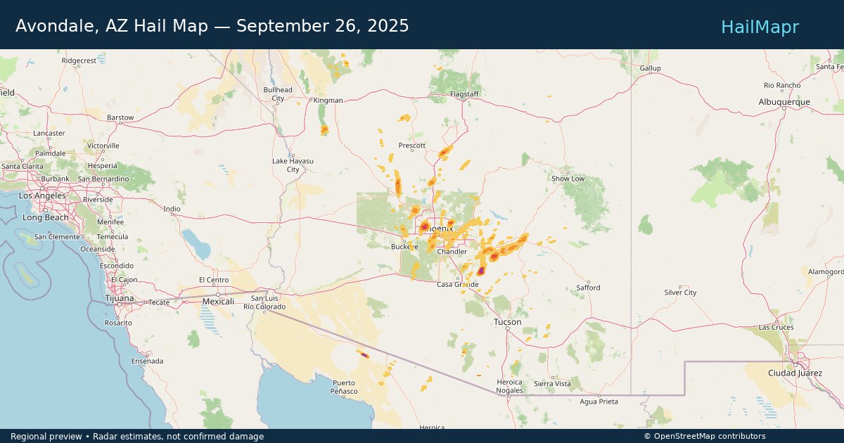 Avondale, AZ Hail Map — September 26, 2025 — regional heatmap and storm polygons