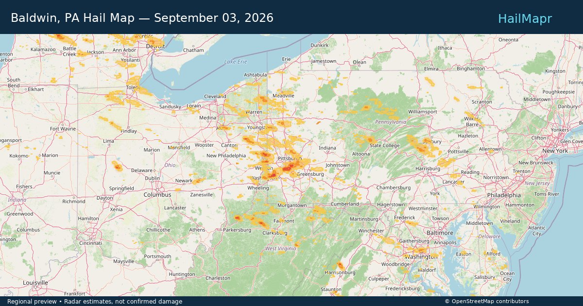 Baldwin, PA Hail Map — September 03, 2026 — regional heatmap and storm polygons