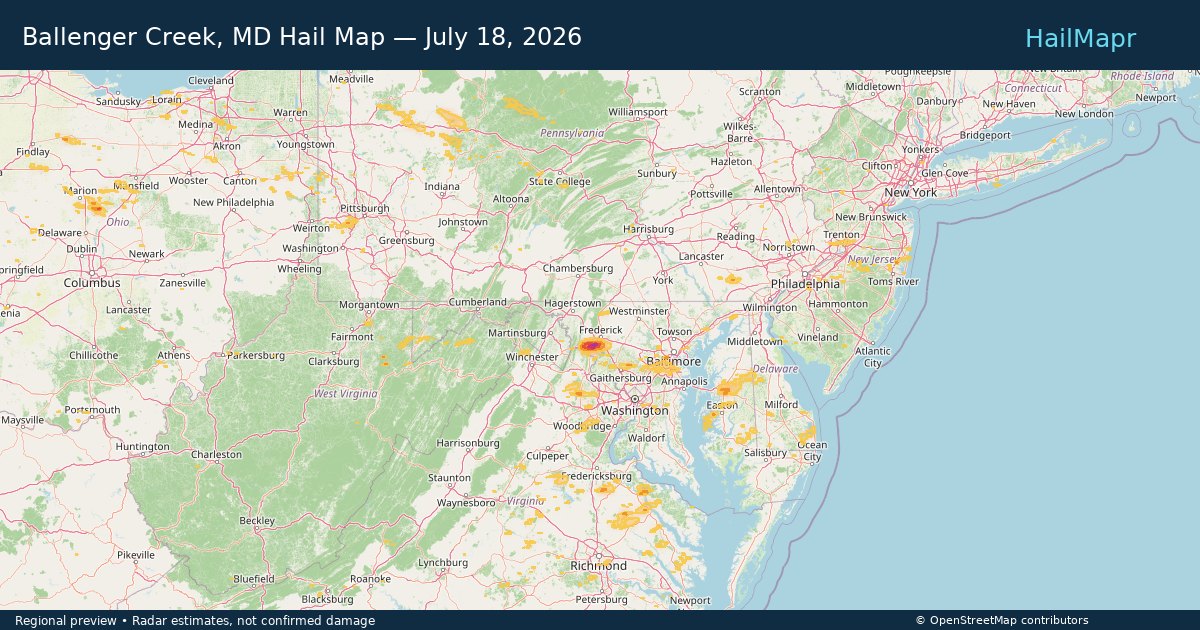 Ballenger Creek, MD Hail Map — July 18, 2026 — regional heatmap and storm polygons