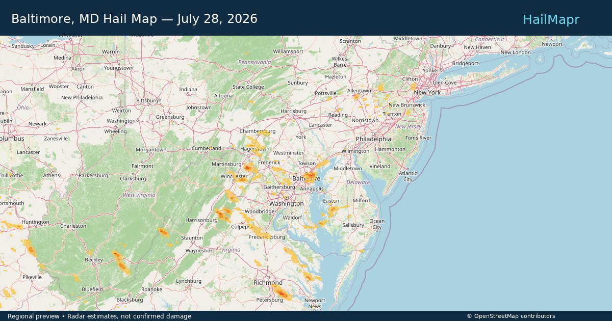 Baltimore, MD Hail Map — July 28, 2026 — regional heatmap and storm polygons