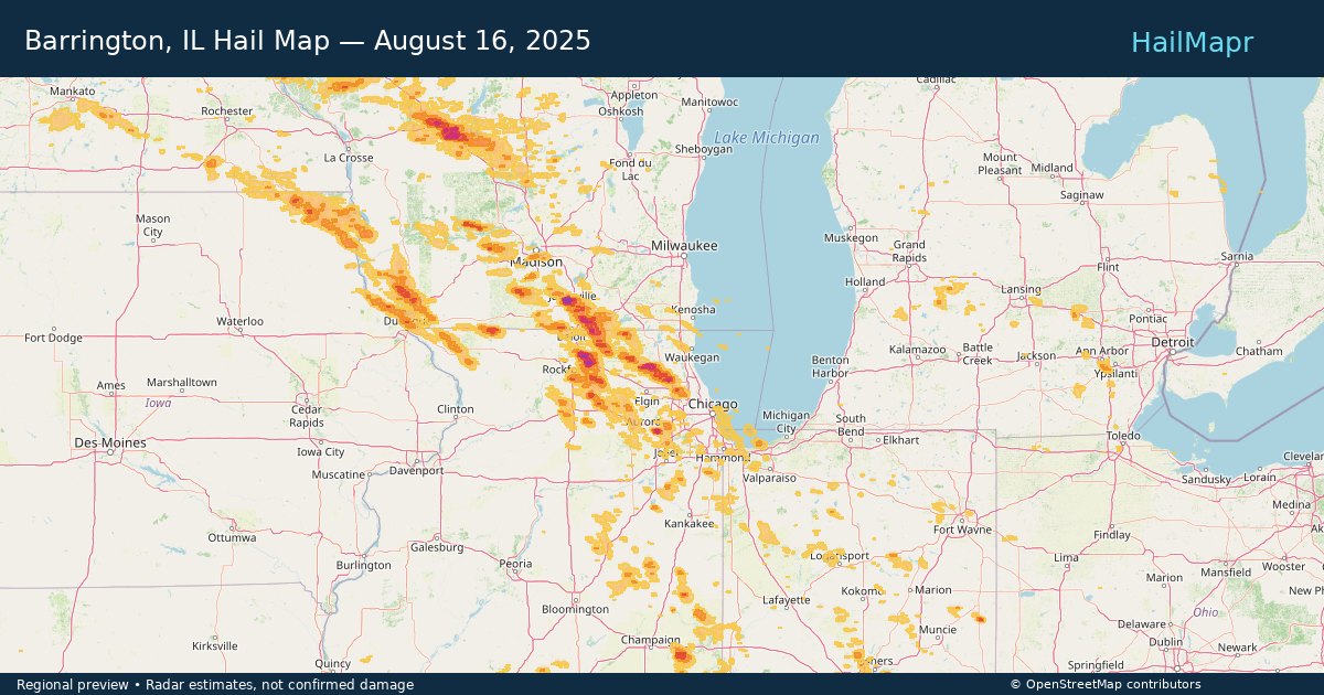 Barrington, IL Hail Map — August 16, 2025 — regional heatmap and storm polygons