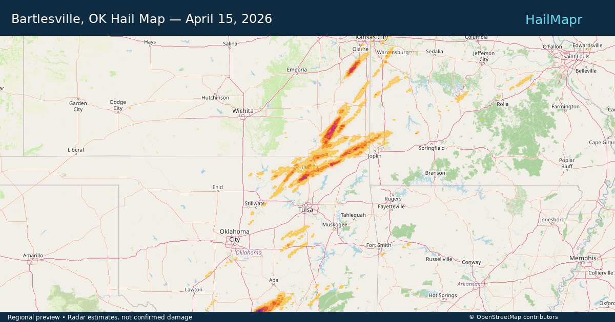 Bartlesville, OK Hail Map — April 15, 2026 — regional heatmap and storm polygons