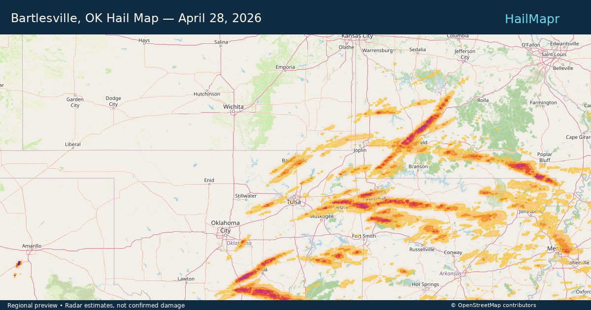 Bartlesville, OK Hail Map — April 28, 2026 — regional heatmap and storm polygons