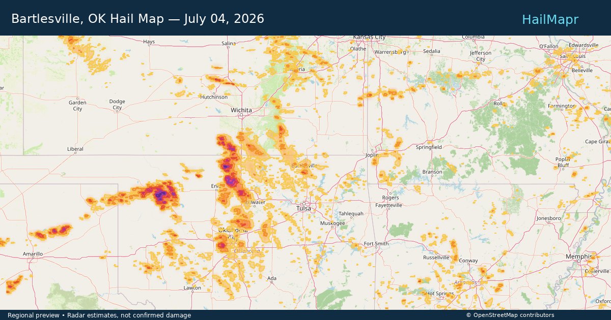 Bartlesville, OK Hail Map — July 04, 2026 — regional heatmap and storm polygons