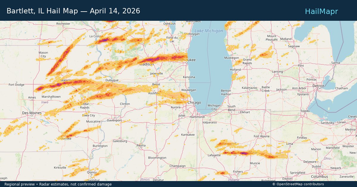 Bartlett, IL Hail Map — April 14, 2026 — regional heatmap and storm polygons