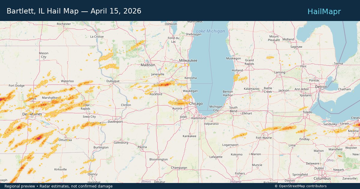Bartlett, IL Hail Map — April 15, 2026 — regional heatmap and storm polygons