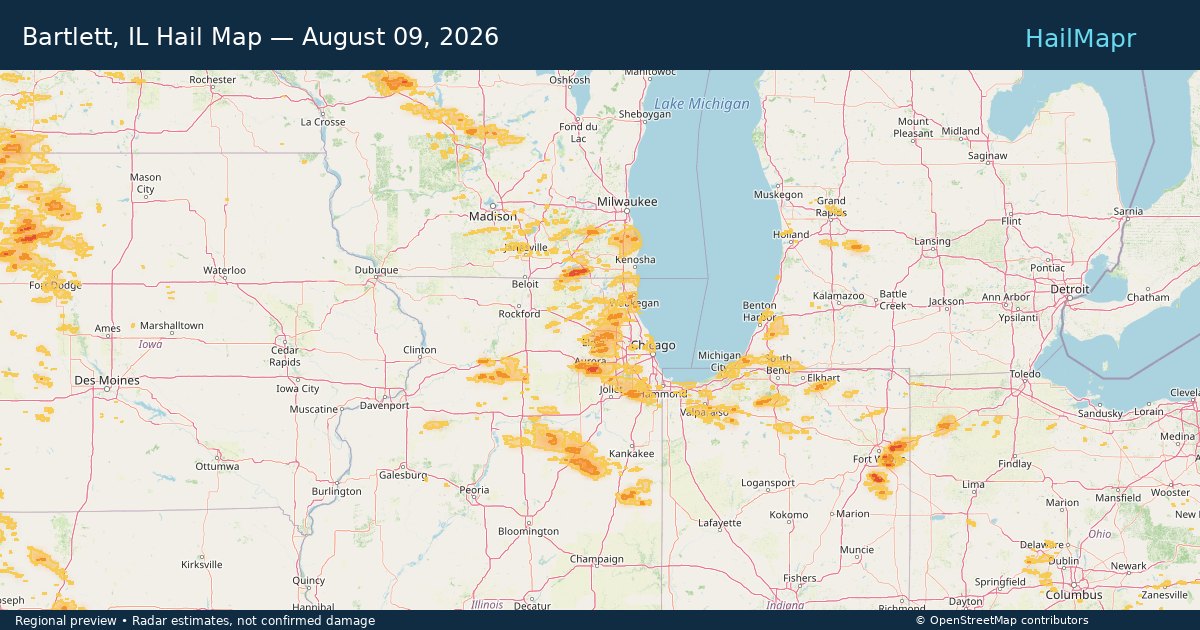 Bartlett, IL Hail Map — August 09, 2026 — regional heatmap and storm polygons