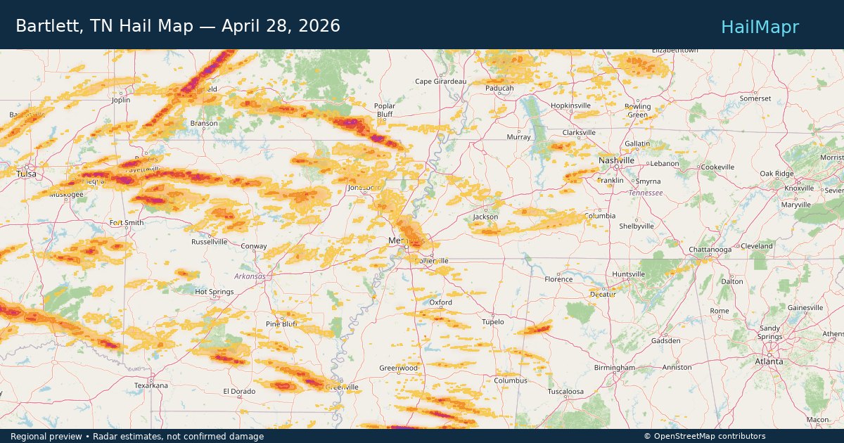Bartlett, TN Hail Map — April 28, 2026 — regional heatmap and storm polygons