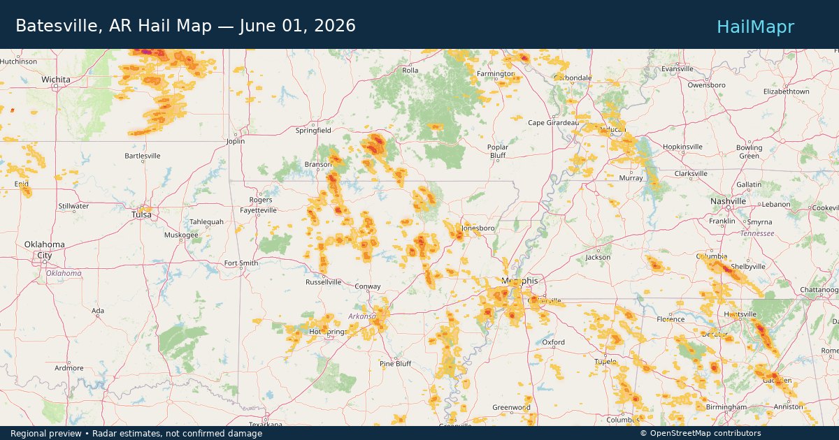 Batesville, AR Hail Map — June 01, 2026 — regional heatmap and storm polygons