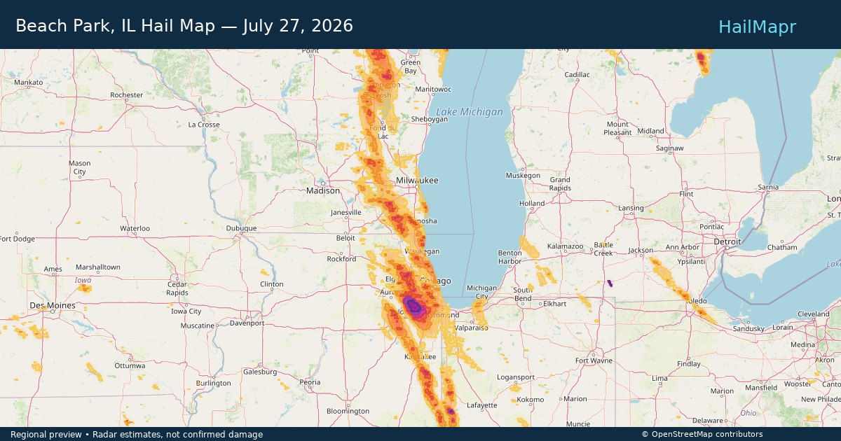 Beach Park, IL Hail Map — July 27, 2026 — regional heatmap and storm polygons