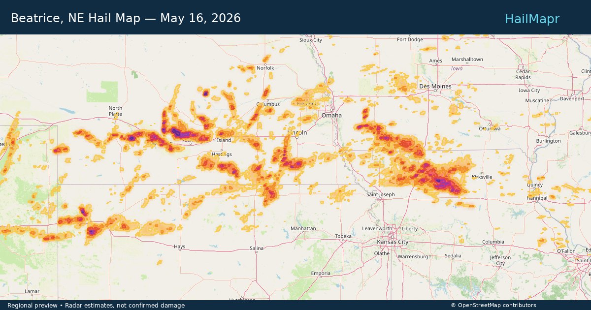 Beatrice, NE Hail Map — May 16, 2026 — regional heatmap and storm polygons