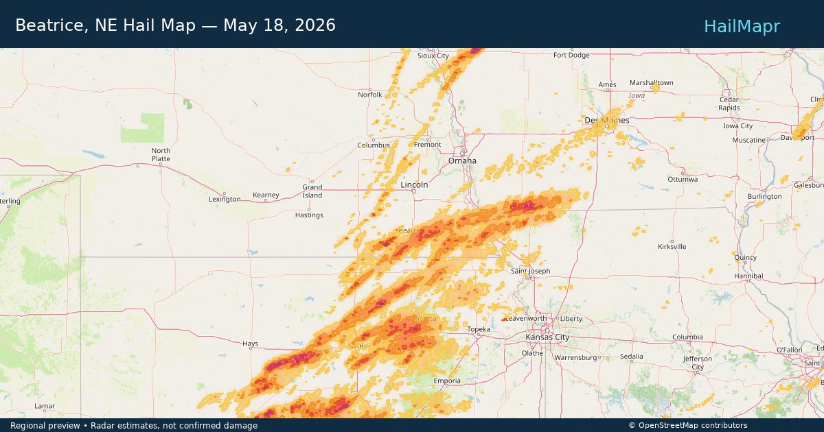 Beatrice, NE — May 18, 2026 — regional hail footprint preview