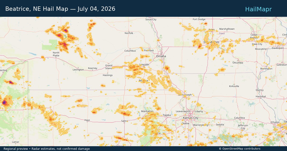 Beatrice, NE Hail Map — July 04, 2026 — regional heatmap and storm polygons