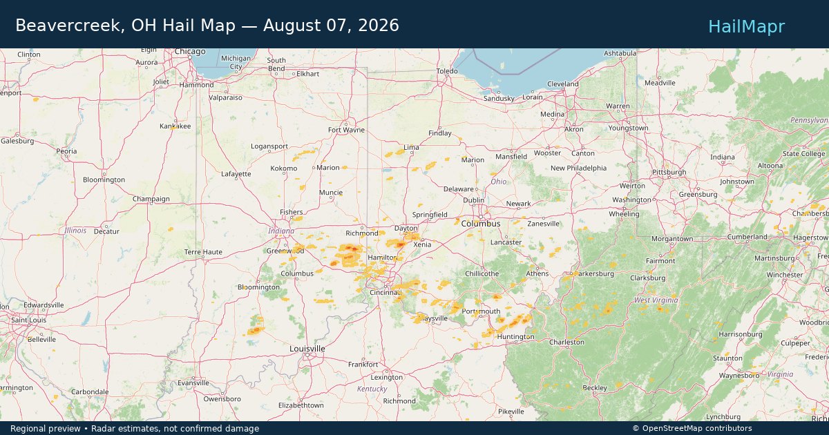 Beavercreek, OH Hail Map — August 07, 2026 — regional heatmap and storm polygons