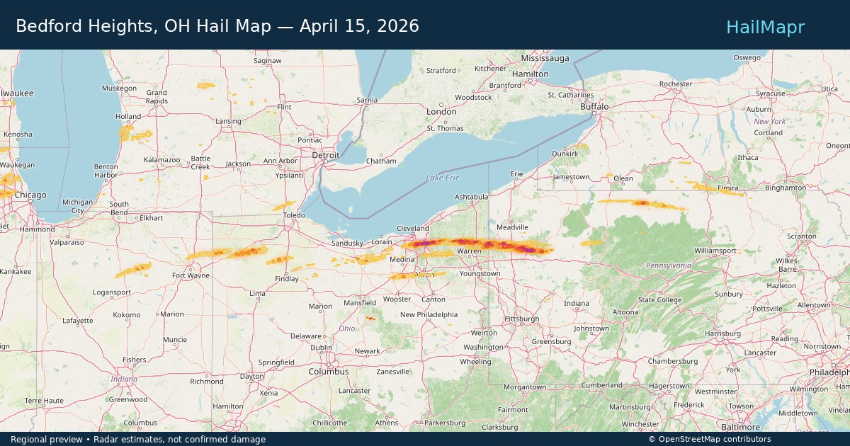 Bedford Heights, OH Hail Map — April 15, 2026 — regional heatmap and storm polygons