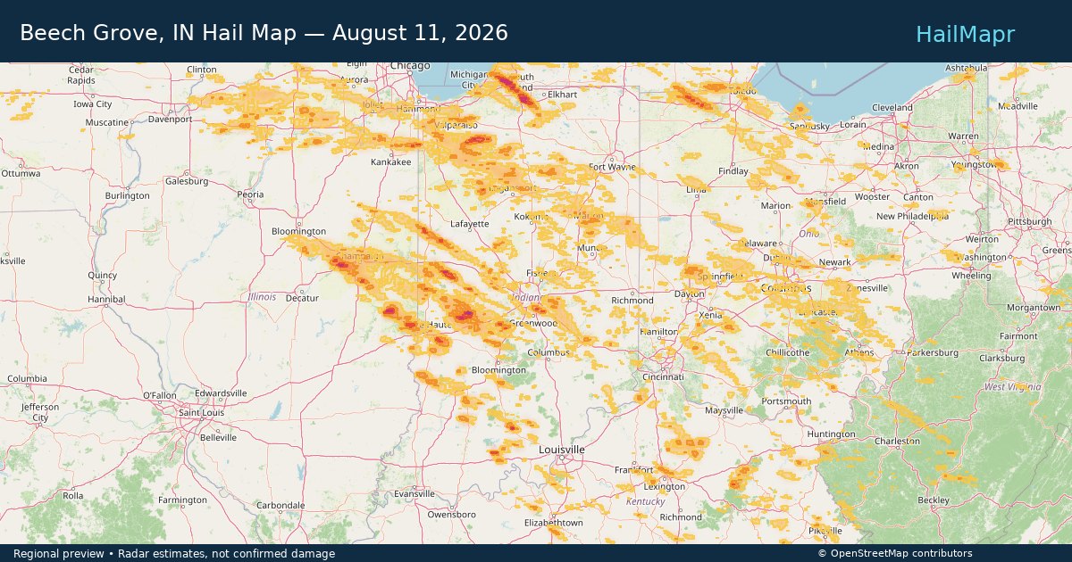 Beech Grove, IN Hail Map — August 11, 2026 — regional heatmap and storm polygons