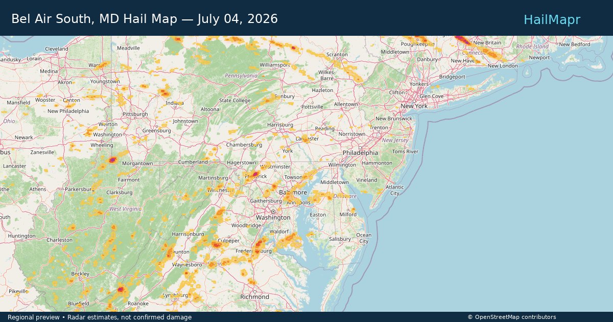 Bel Air South, MD Hail Map — July 04, 2026 — regional heatmap and storm polygons