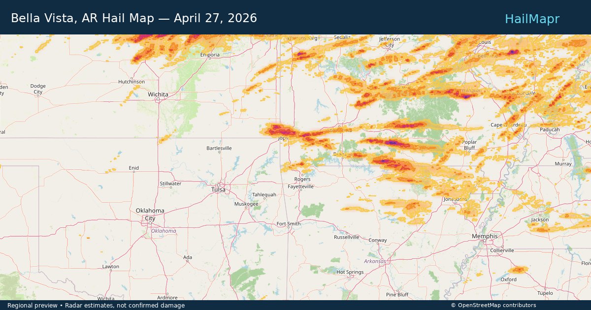 Bella Vista, AR Hail Map — April 27, 2026 — regional heatmap and storm polygons
