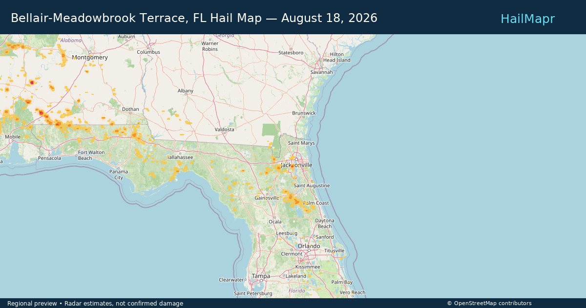 Bellair-Meadowbrook Terrace, FL Hail Map — August 18, 2026 — regional heatmap and storm polygons