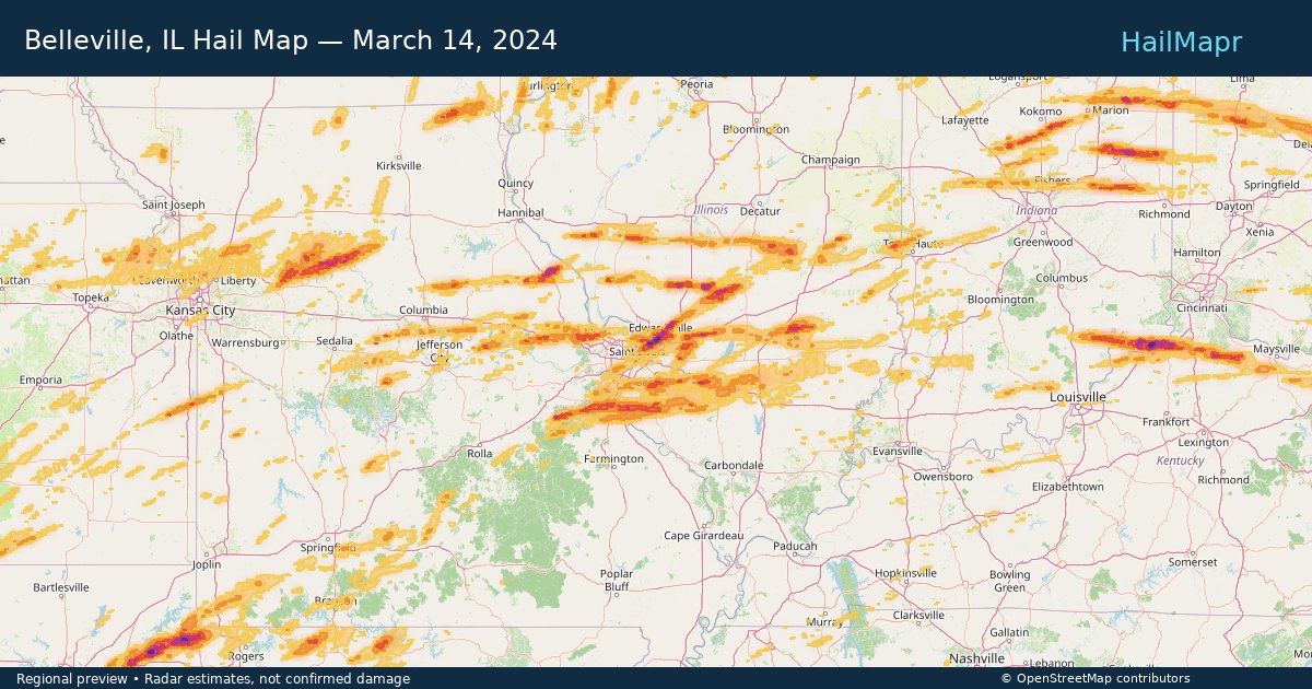 Belleville, IL Hail Map — March 14, 2024 — regional heatmap and storm polygons