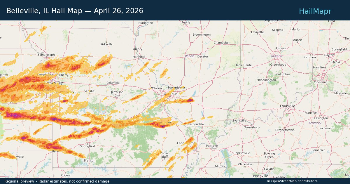 Belleville, IL Hail Map — April 26, 2026 — regional heatmap and storm polygons