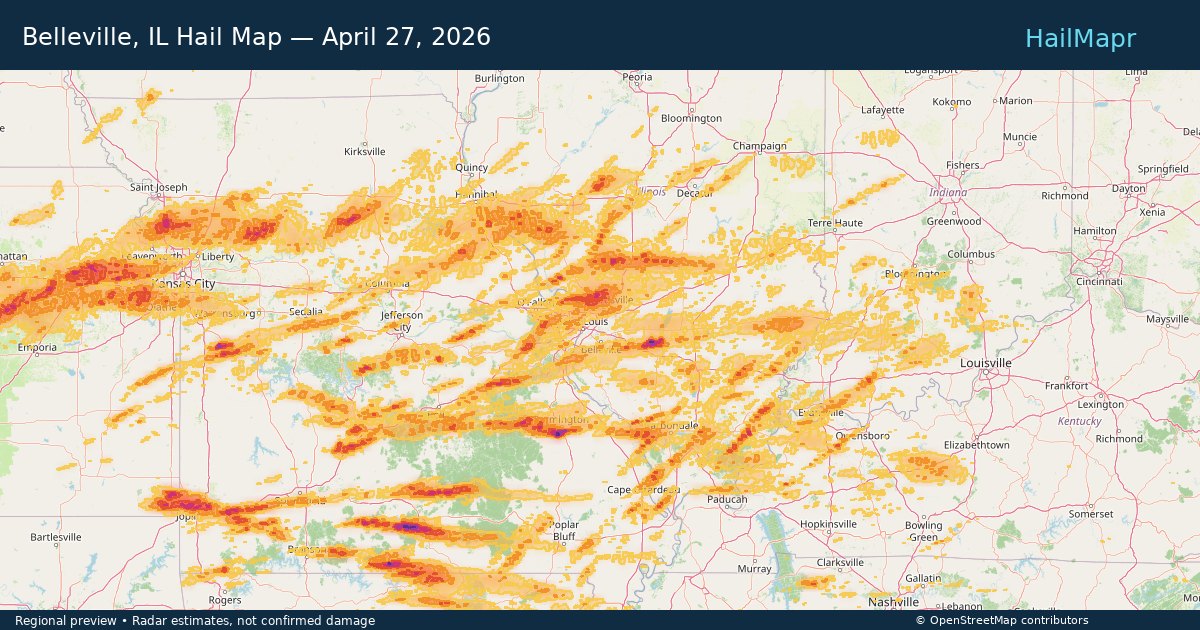 Belleville, IL Hail Map — April 27, 2026 — regional heatmap and storm polygons
