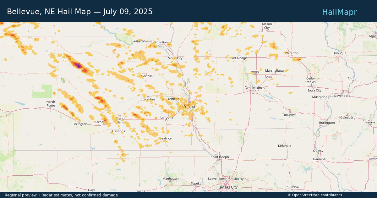 Bellevue, NE Hail Map — July 09, 2025 — regional heatmap and storm polygons