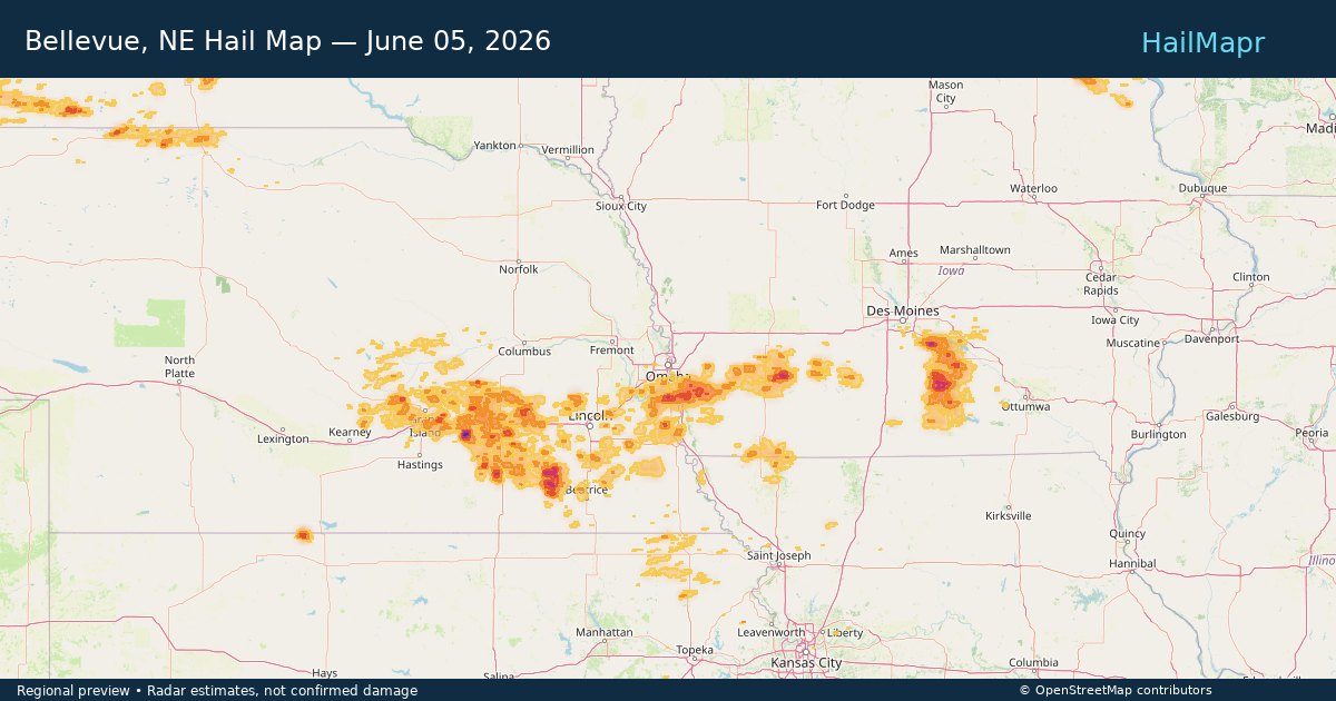 Bellevue, NE Hail Map — June 05, 2026 — regional heatmap and storm polygons