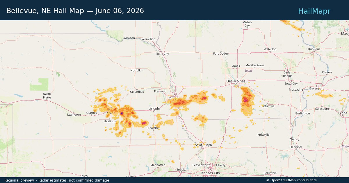 Bellevue, NE Hail Map — June 06, 2026 — regional heatmap and storm polygons