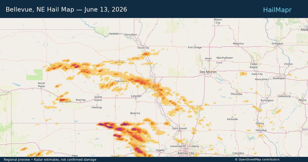 Bellevue, NE Hail Map — June 13, 2026 — regional heatmap and storm polygons