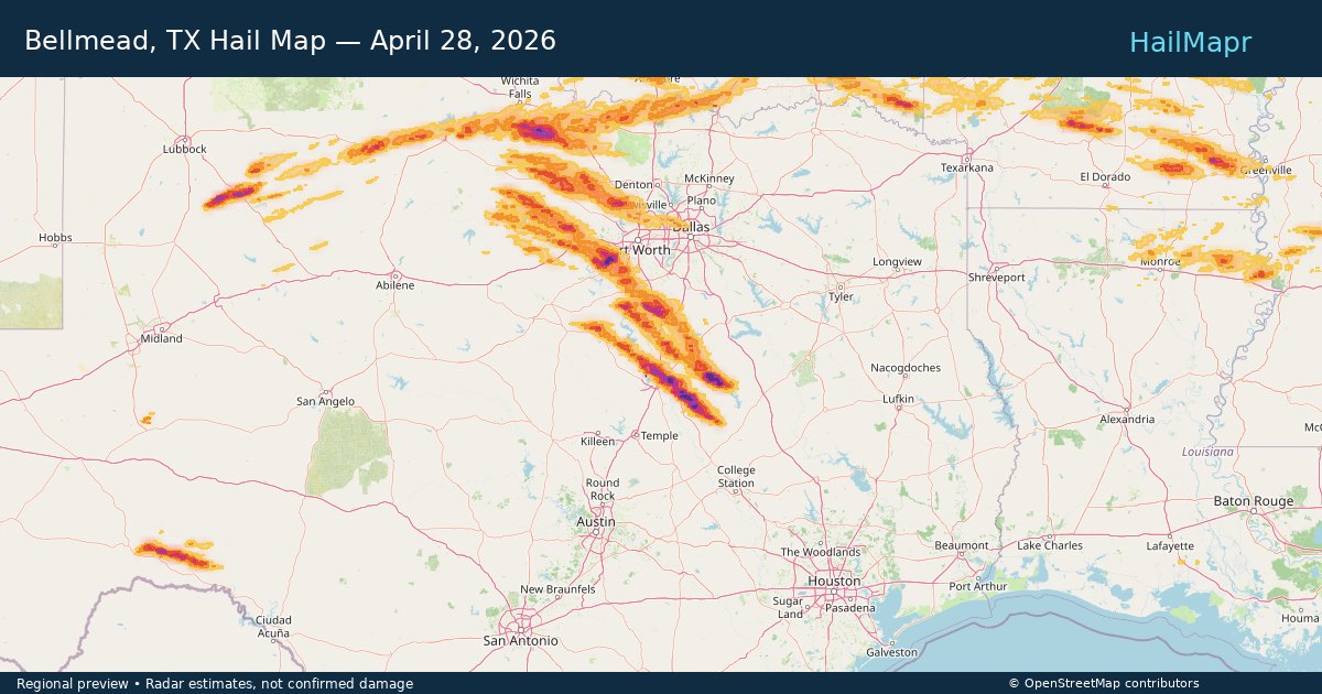 Bellmead, TX Hail Map — April 28, 2026 — regional heatmap and storm polygons