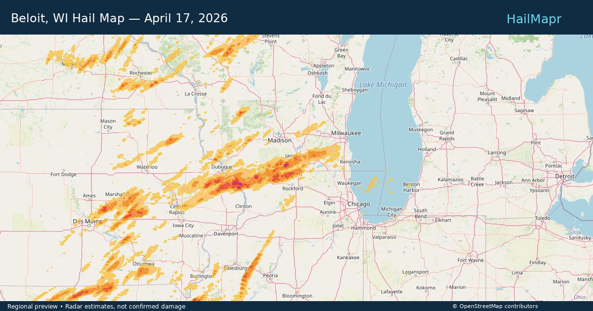Beloit, WI Hail Map — April 17, 2026 — regional heatmap and storm polygons