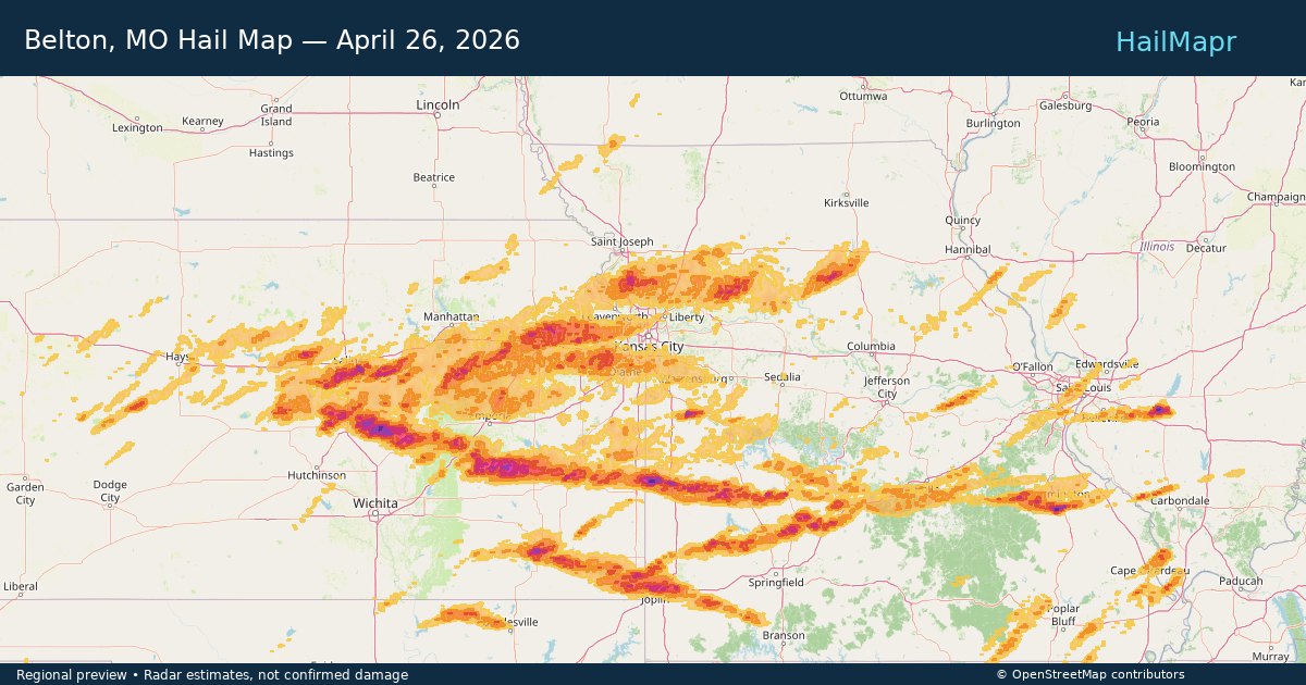 Belton, MO — April 26, 2026 — regional hail footprint preview