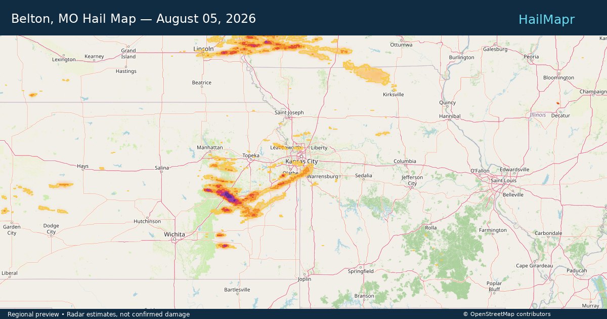 Belton, MO Hail Map — August 05, 2026 — regional heatmap and storm polygons