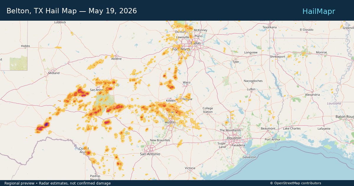 Belton, TX — May 19, 2026 — regional hail footprint preview