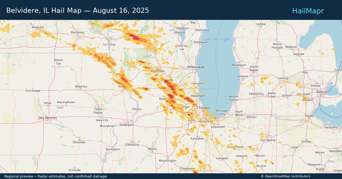 Belvidere, IL Hail Map — August 16, 2025 — regional heatmap and storm polygons