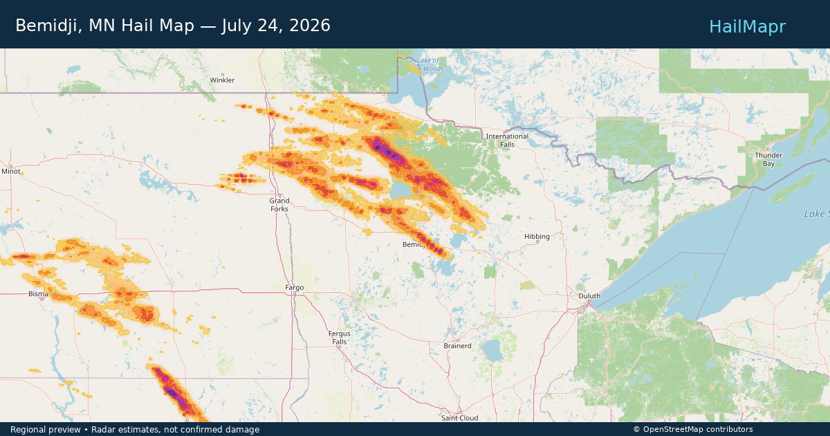 Bemidji, MN Hail Map — July 24, 2026 — regional heatmap and storm polygons