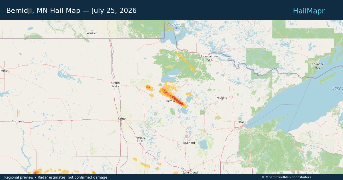 Bemidji, MN Hail Map — July 25, 2026 — regional heatmap and storm polygons