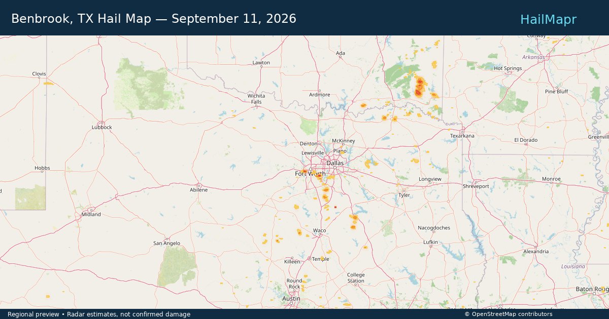 Benbrook, TX Hail Map — September 11, 2026 — regional heatmap and storm polygons