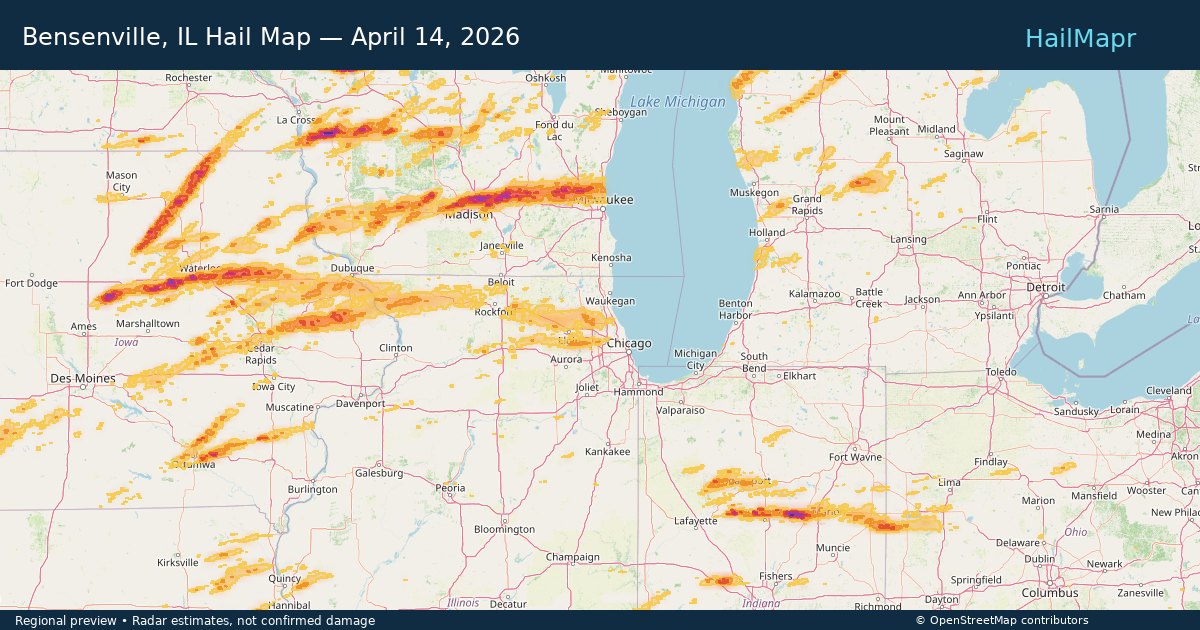 Bensenville, IL Hail Map — April 14, 2026 — regional heatmap and storm polygons