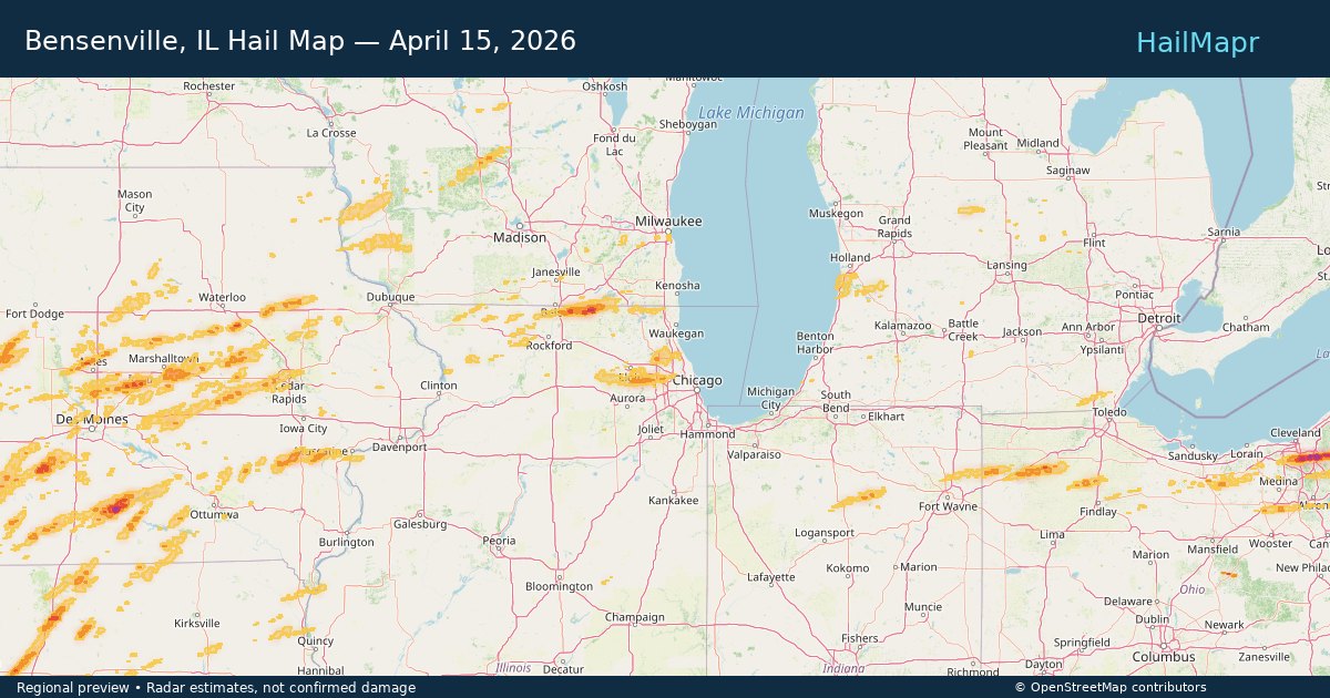 Bensenville, IL Hail Map — April 15, 2026 — regional heatmap and storm polygons
