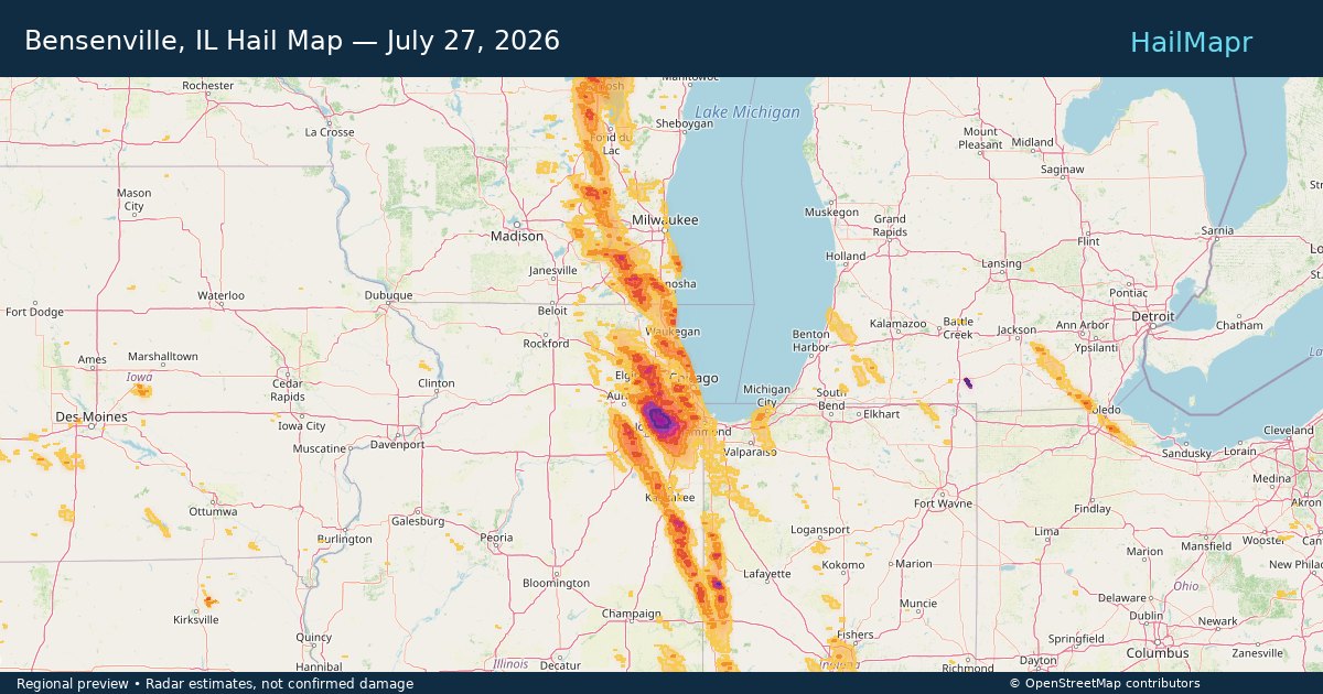 Bensenville, IL Hail Map — July 27, 2026 — regional heatmap and storm polygons