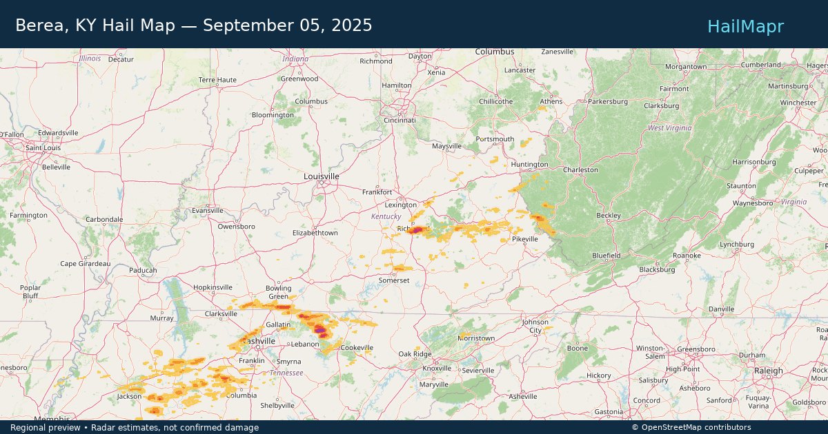 Berea, KY Hail Map — September 05, 2025 — regional heatmap and storm polygons