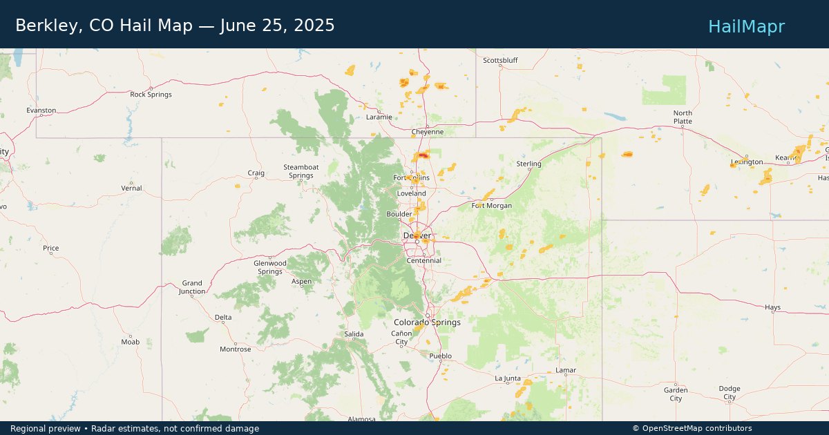 Berkley, CO Hail Map — June 25, 2025 — regional heatmap and storm polygons