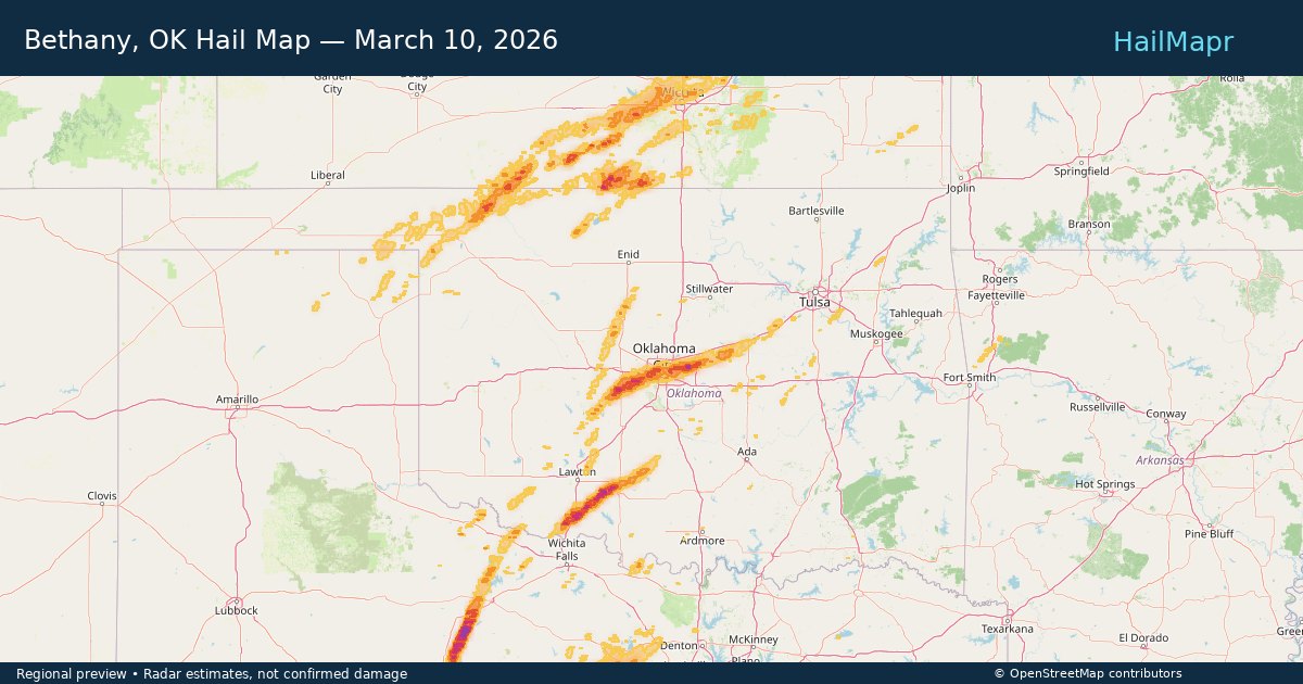 Bethany, OK Hail Map — March 10, 2026 — regional heatmap and storm polygons